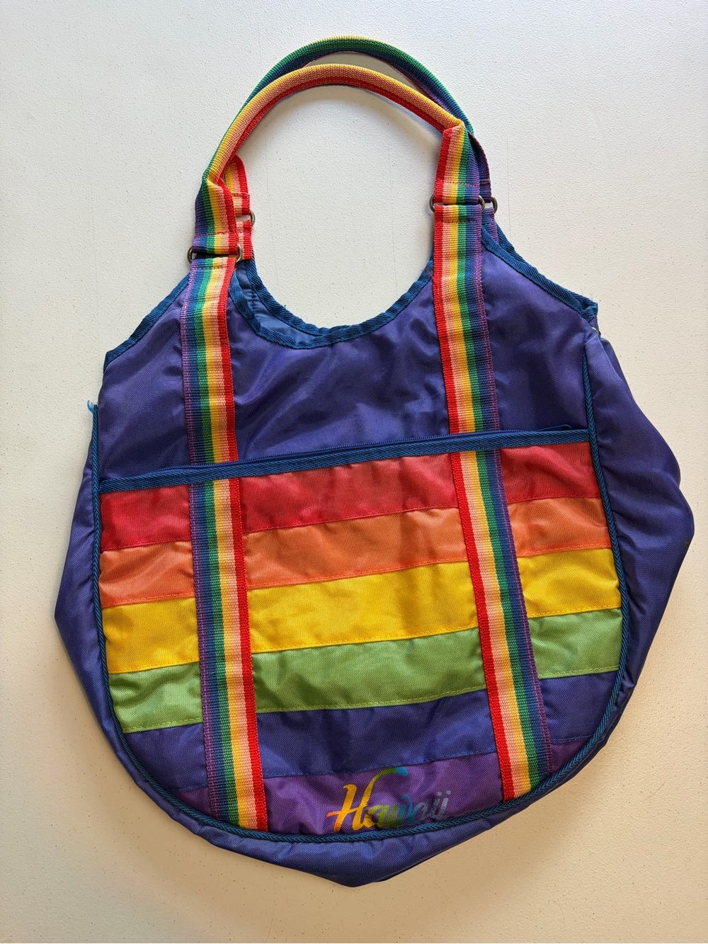 Vintage Hawaii Rainbow Stripe Tote Bag Purple Nylon 80s 90s Beach Travel gym